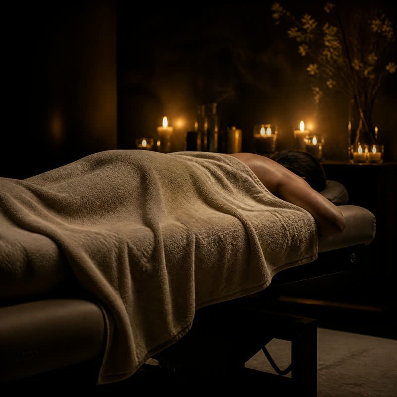 Person ruht unter einem dicken Handtuch auf der Massageliege, Kerzen im Hintergrund