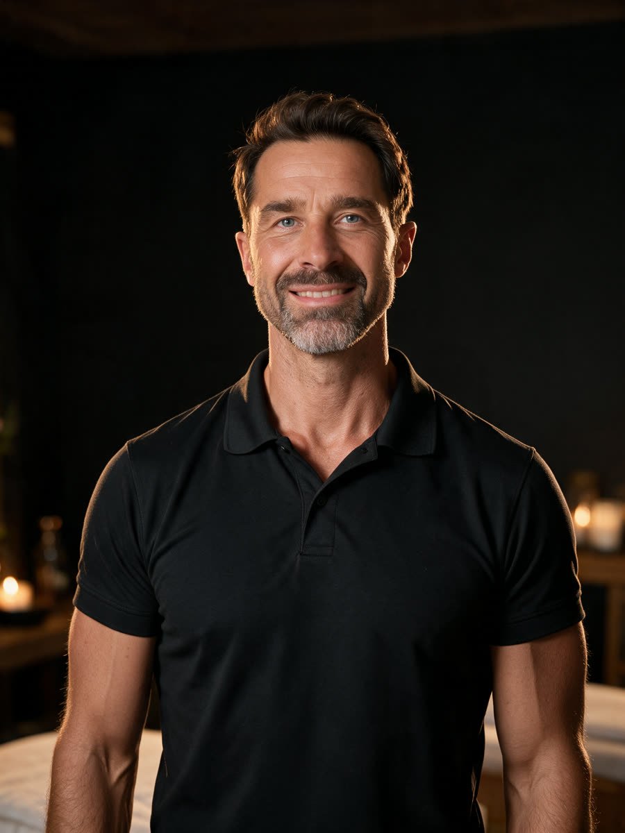 Igor, zertifizierter Masseur aus München, im schwarzen Poloshirt